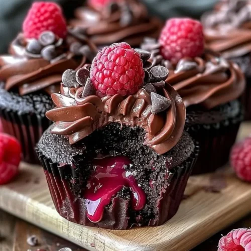 Raspberry Chocolate Lava Cupcakes with molten chocolate center and fresh raspberries