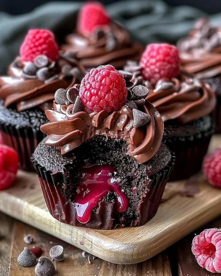 Raspberry Chocolate Lava Cupcakes with molten chocolate center and fresh raspberries