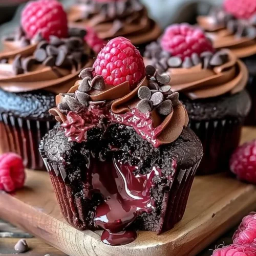 Delicious Raspberry Chocolate Lava Cupcakes with gooey chocolate filling