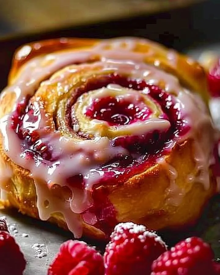 Freshly baked raspberry cinnamon rolls drizzled with icing.