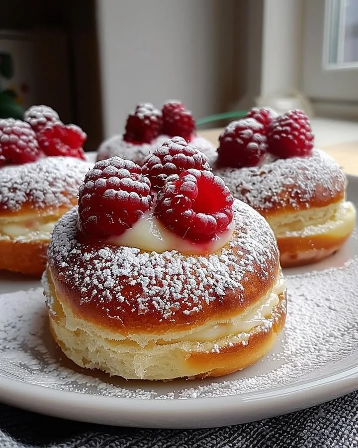 Delicious Raspberry Custard Buns with fresh raspberries and creamy filling