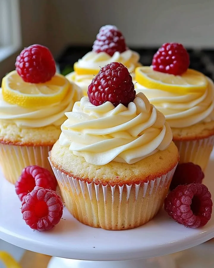 Delicious Raspberry Lemon Cupcakes topped with frosting and fresh raspberries