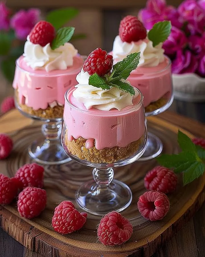 Slice of Raspberry Mousse Cheesecake topped with fresh raspberries and whipped cream