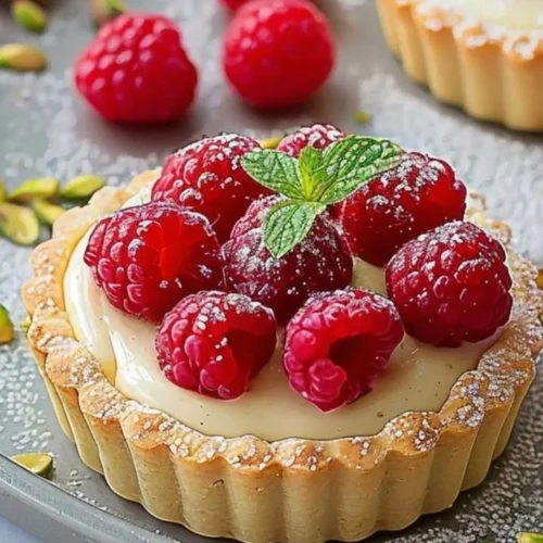 Raspberry Pistachio Cream Tarts with raspberry drizzle on top