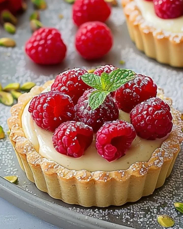 Raspberry Pistachio Cream Tarts with raspberry drizzle on top