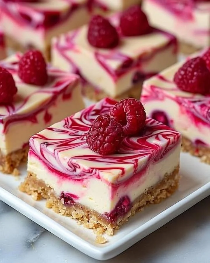 Delicious raspberry swirl cheesecake bars on a plate
