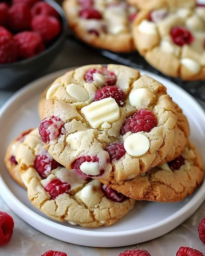 Freshly baked Raspberry White Chocolate Cookies on a cooling rack