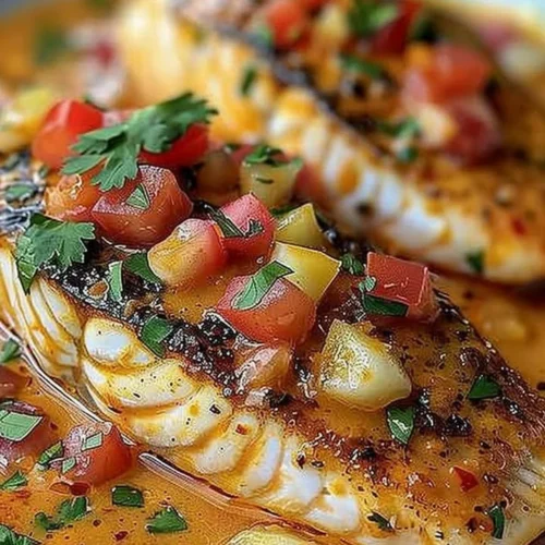 Plate of Red Snapper topped with Creamy Creole Sauce served with garnishes.
