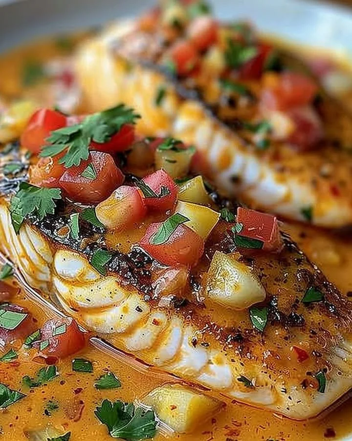 Plate of Red Snapper topped with Creamy Creole Sauce served with garnishes.