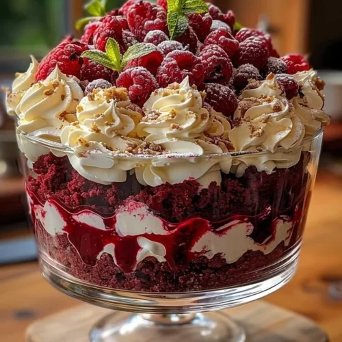Delicious Red Velvet Cake Trifle with layers of cake and cream