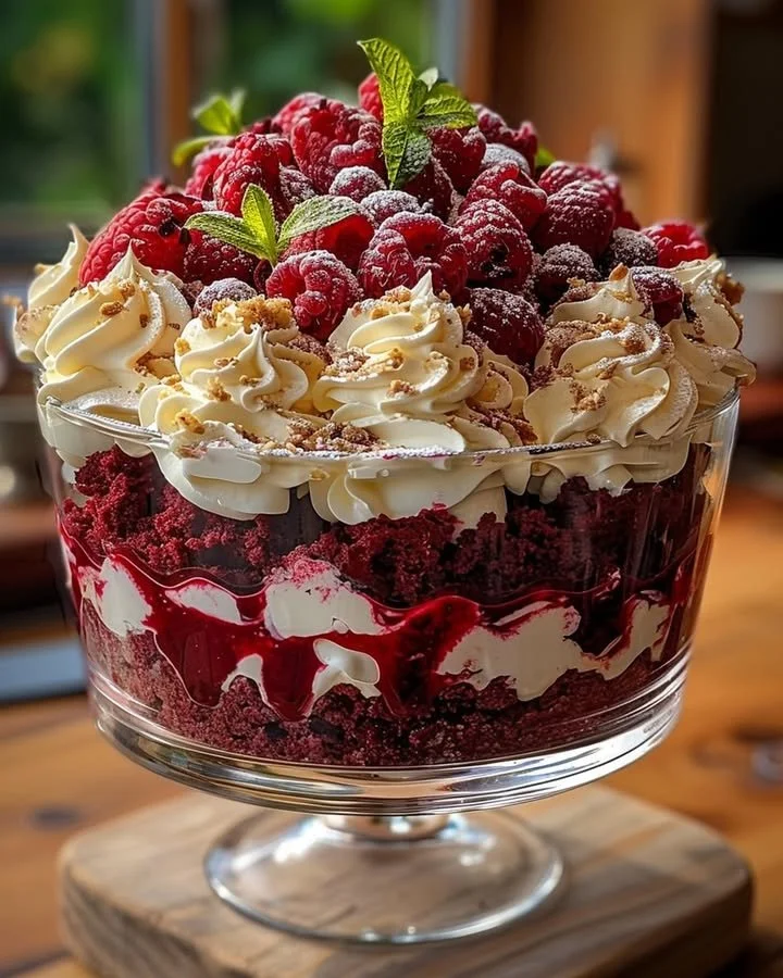 Delicious Red Velvet Cake Trifle with layers of cake and cream
