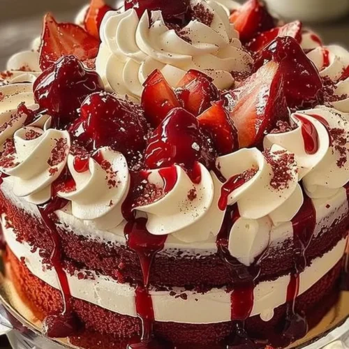 Delicious red velvet cake with cream cheese frosting on a decorative plate