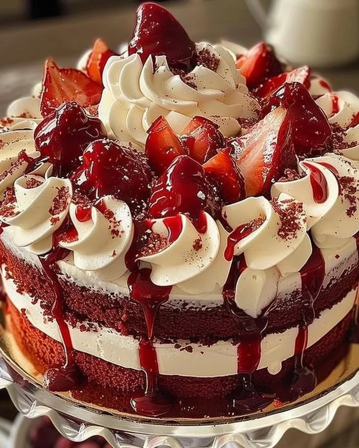 Delicious red velvet cake with cream cheese frosting on a decorative plate