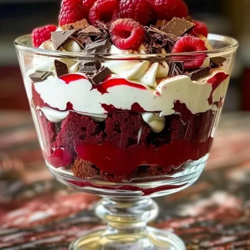 Delicious red velvet cheesecake trifle layered with cream and topped with chocolate.