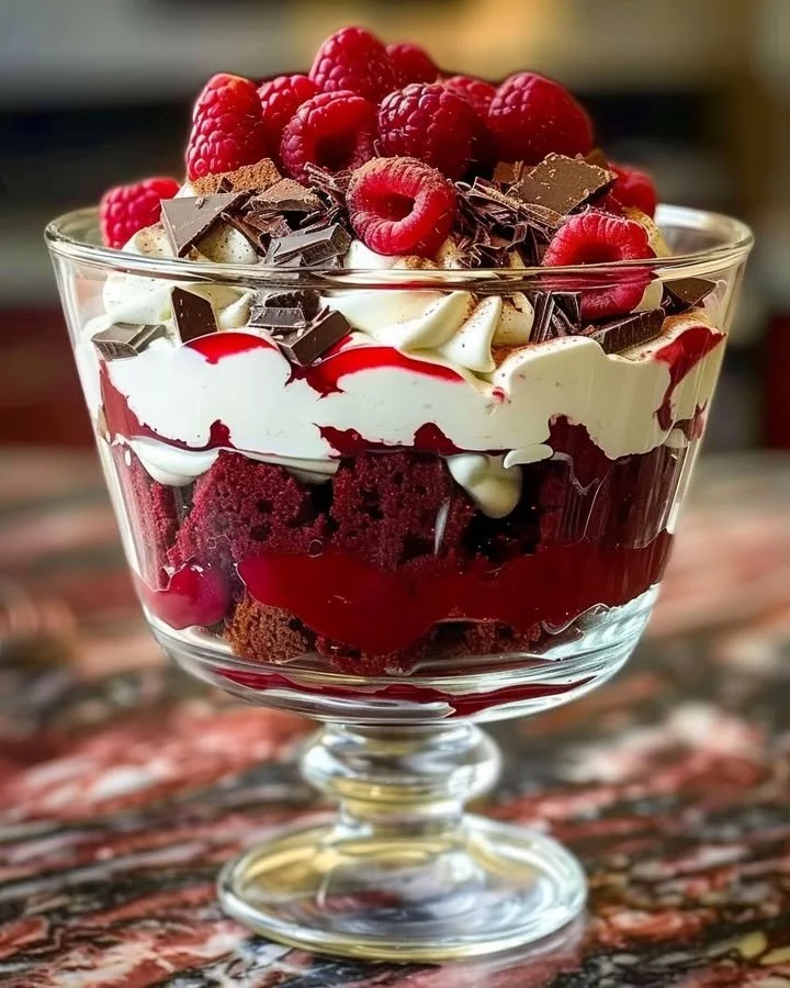Delicious red velvet cheesecake trifle layered with cream and topped with chocolate.