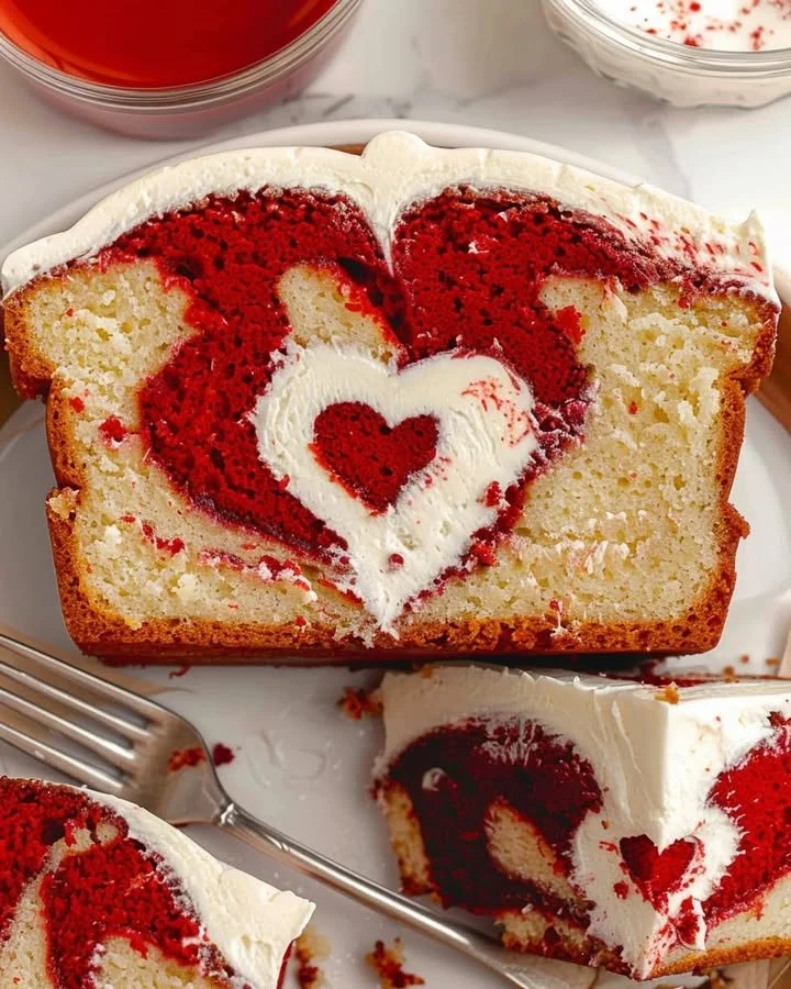 Delicious Red Velvet Loaf Cake topped with cream cheese frosting