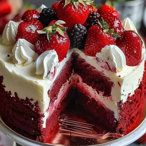 Red Velvet Strawberry Cheesecake with fresh strawberries and a creamy topping