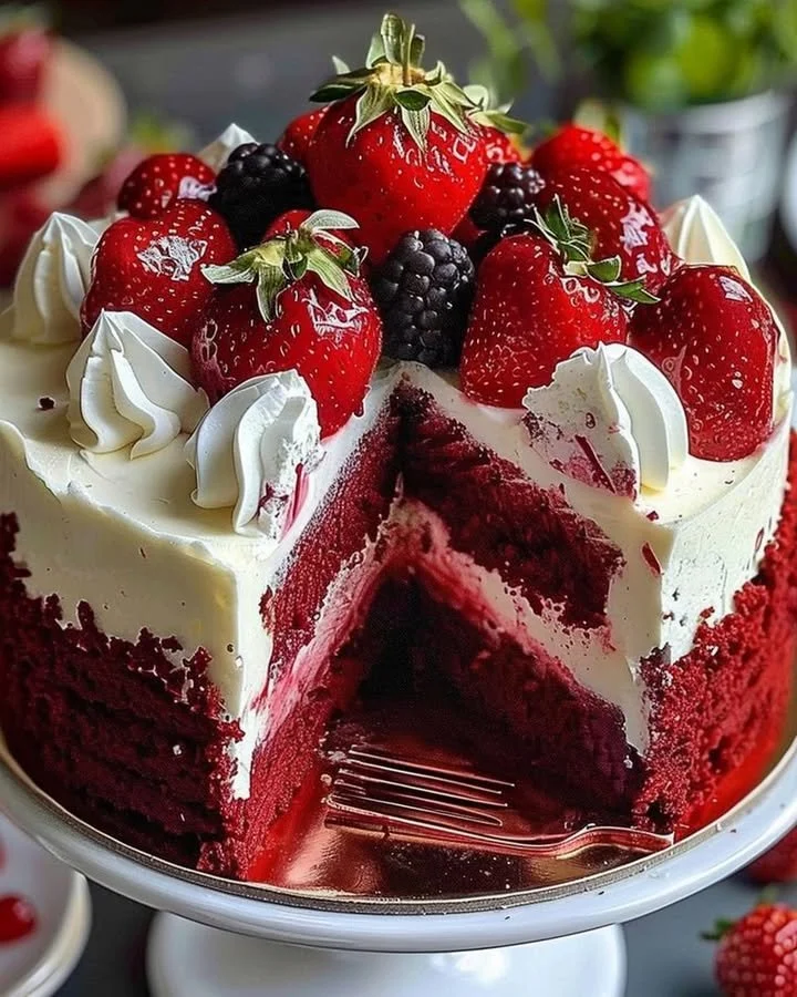 Red Velvet Strawberry Cheesecake with fresh strawberries and a creamy topping