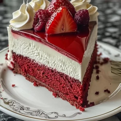 Delicious red velvet strawberry cheesecake topped with fresh strawberries