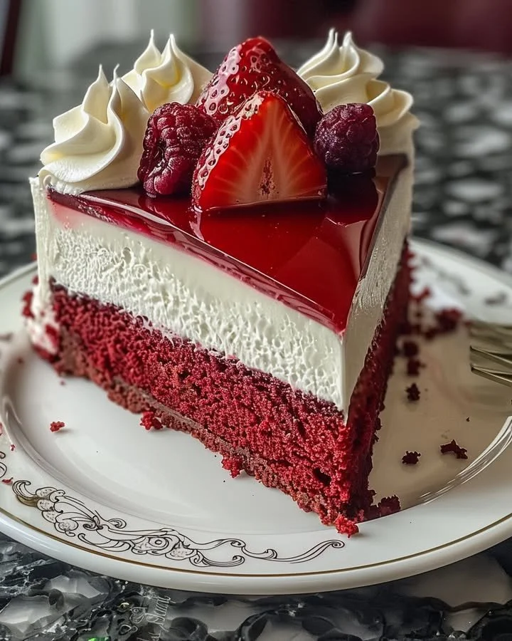 Delicious red velvet strawberry cheesecake topped with fresh strawberries
