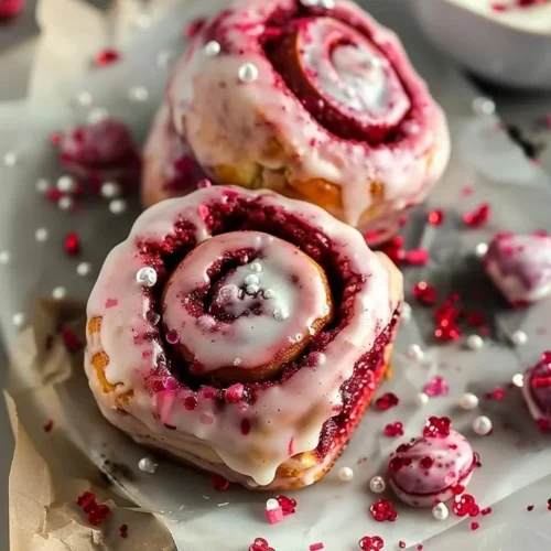 Delicious red velvet Valentine's Day cinnamon rolls topped with cream cheese frosting.