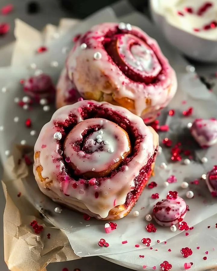Delicious red velvet Valentine's Day cinnamon rolls topped with cream cheese frosting.