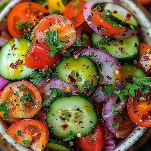 Fresh summer garden salad with colorful vegetables and herbs