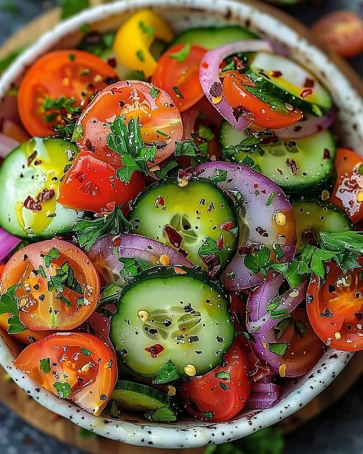 Fresh summer garden salad with colorful vegetables and herbs