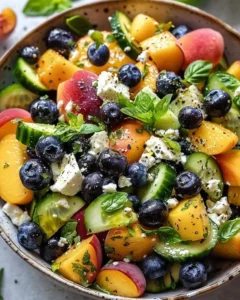 Refreshing summer medley with blueberries and peaches served in a bowl