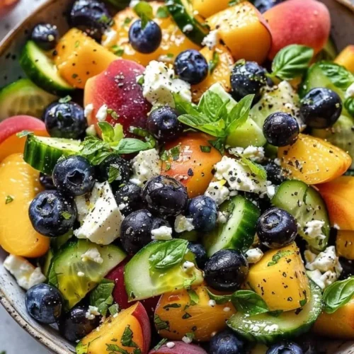 Refreshing summer medley with blueberries and peaches served in a bowl