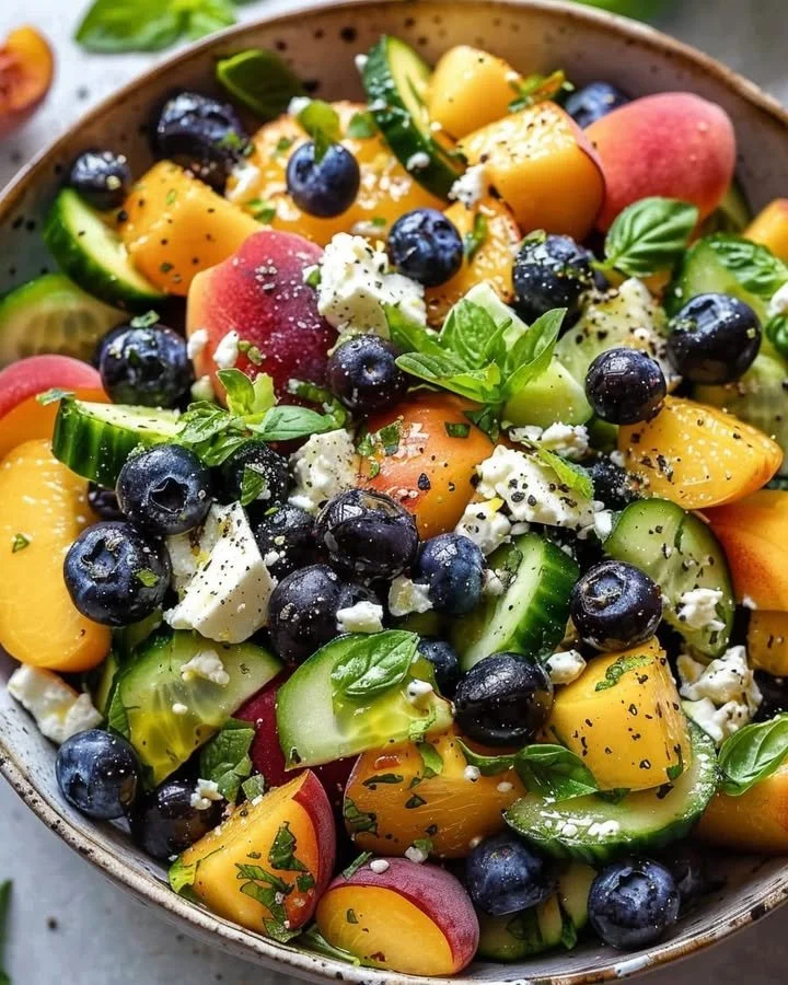 Refreshing summer medley with blueberries and peaches served in a bowl