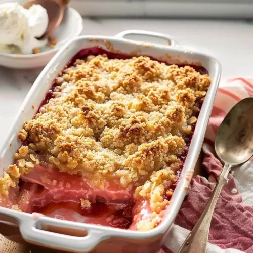 Delicious rhubarb crumble with a golden crispy topping and fresh rhubarb