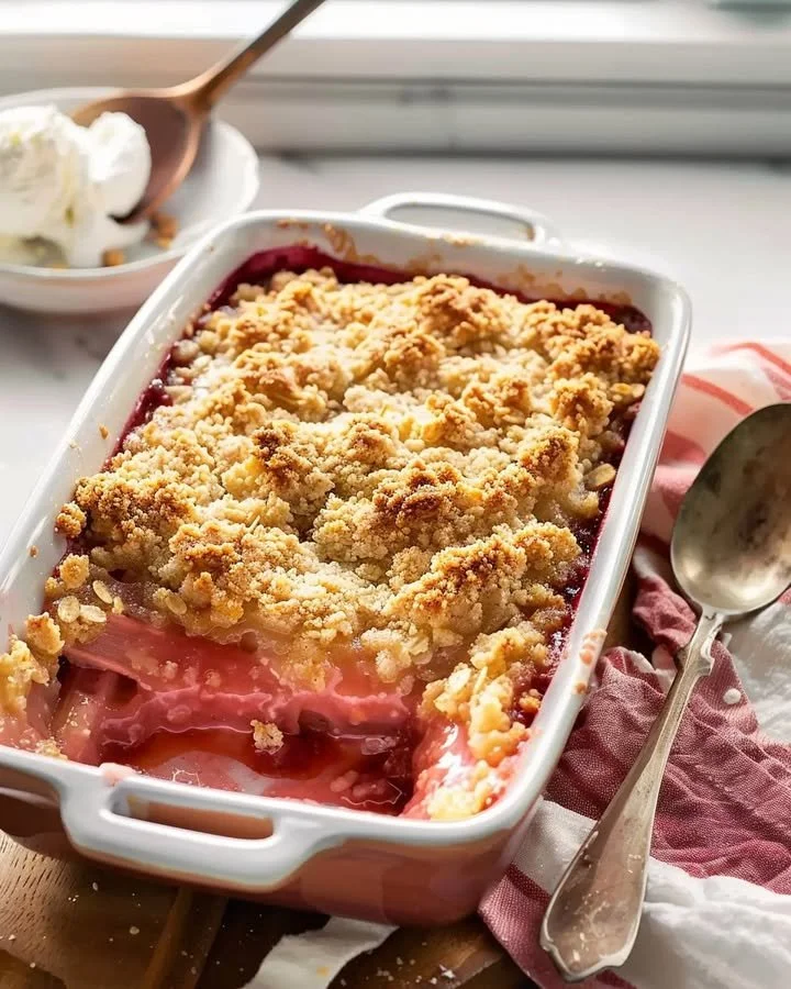 Delicious rhubarb crumble with a golden crispy topping and fresh rhubarb