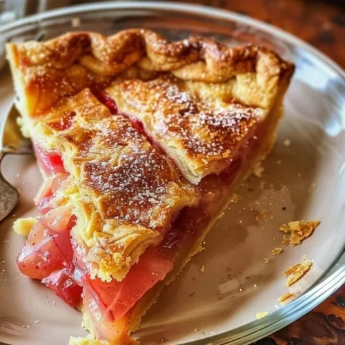 Delicious slice of Rhubarb Custard Pie garnished with fresh rhubarb on a plate.