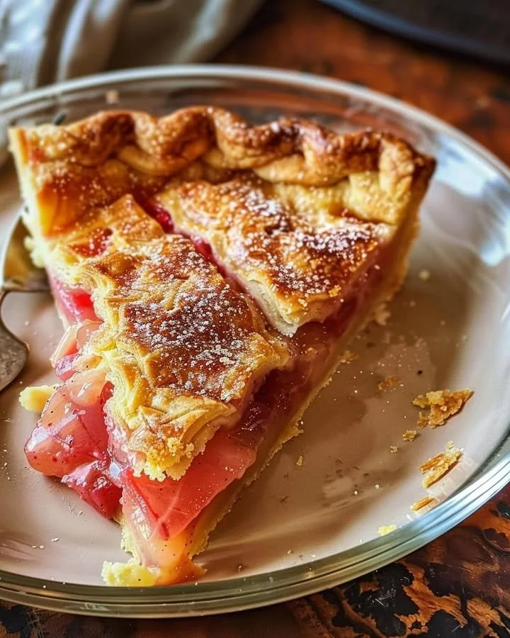Delicious slice of Rhubarb Custard Pie garnished with fresh rhubarb on a plate.