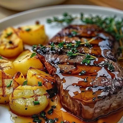 Ribeye steak served with cheesy scalloped potatoes on a plate