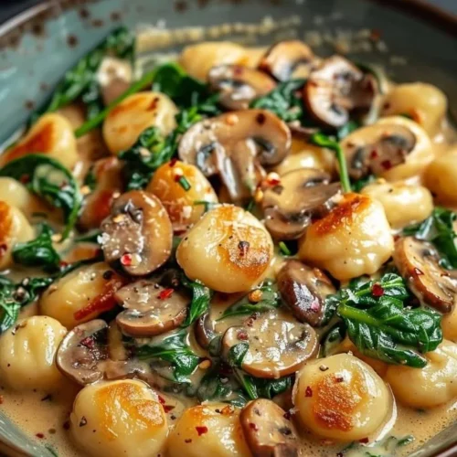 Creamy spinach mushroom gnocchi served in a bowl with herbs and parmesan