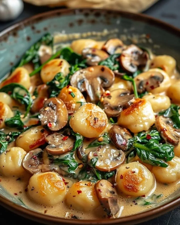 Creamy spinach mushroom gnocchi served in a bowl with herbs and parmesan