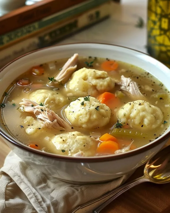 Image of a delicious Roast Turkey & Herbed Dumpling Stew garnished with fresh herbs