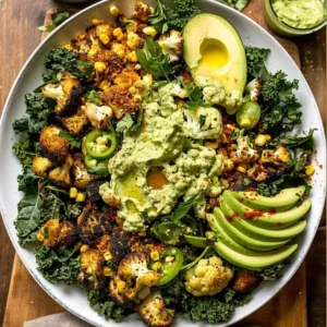 Delicious roasted blackened cauliflower and veggie salad on a plate