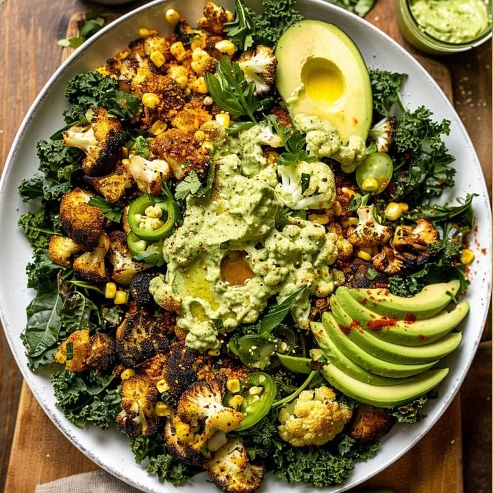 Delicious roasted blackened cauliflower and veggie salad on a plate