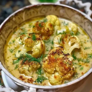 A bowl of roasted cauliflower and dill soup garnished with fresh herbs
