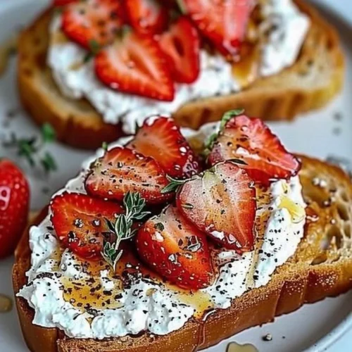 Roasted strawberry whipped ricotta toast topped with fresh strawberries