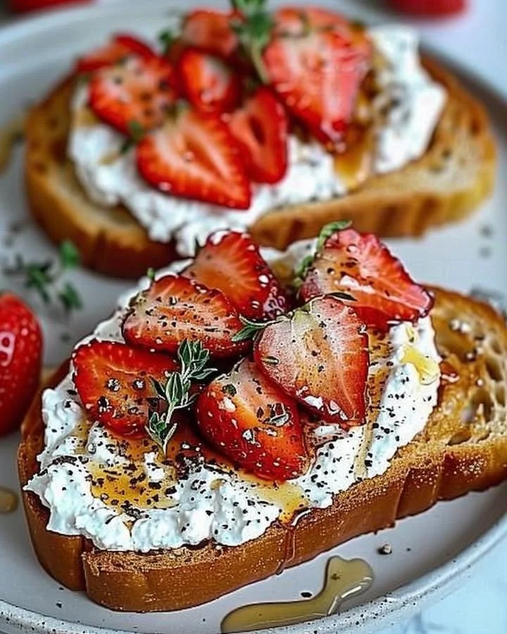Roasted strawberry whipped ricotta toast topped with fresh strawberries