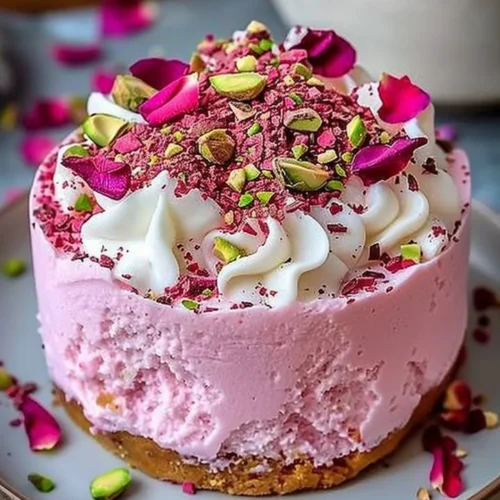 A delicious slice of rose milk cake topped with fresh rose petals and cream.