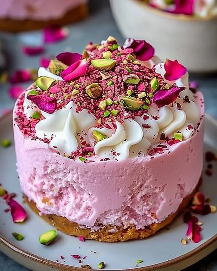 A delicious slice of rose milk cake topped with fresh rose petals and cream.