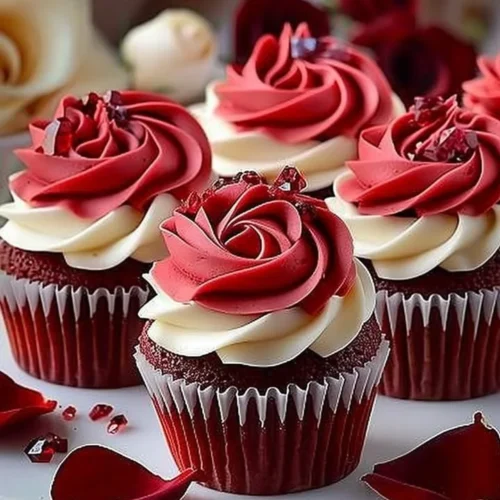 Delicious Rose Red Velvet Cupcakes with cream cheese frosting