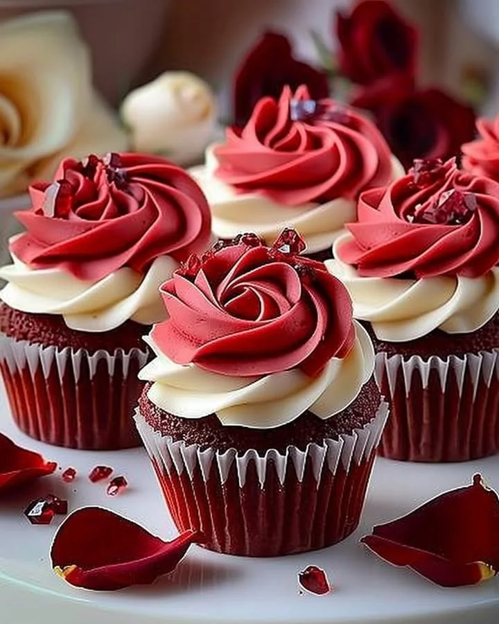 Delicious Rose Red Velvet Cupcakes with cream cheese frosting