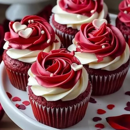 Delicious rose red velvet cupcakes with creamy frosting on a decorative plate