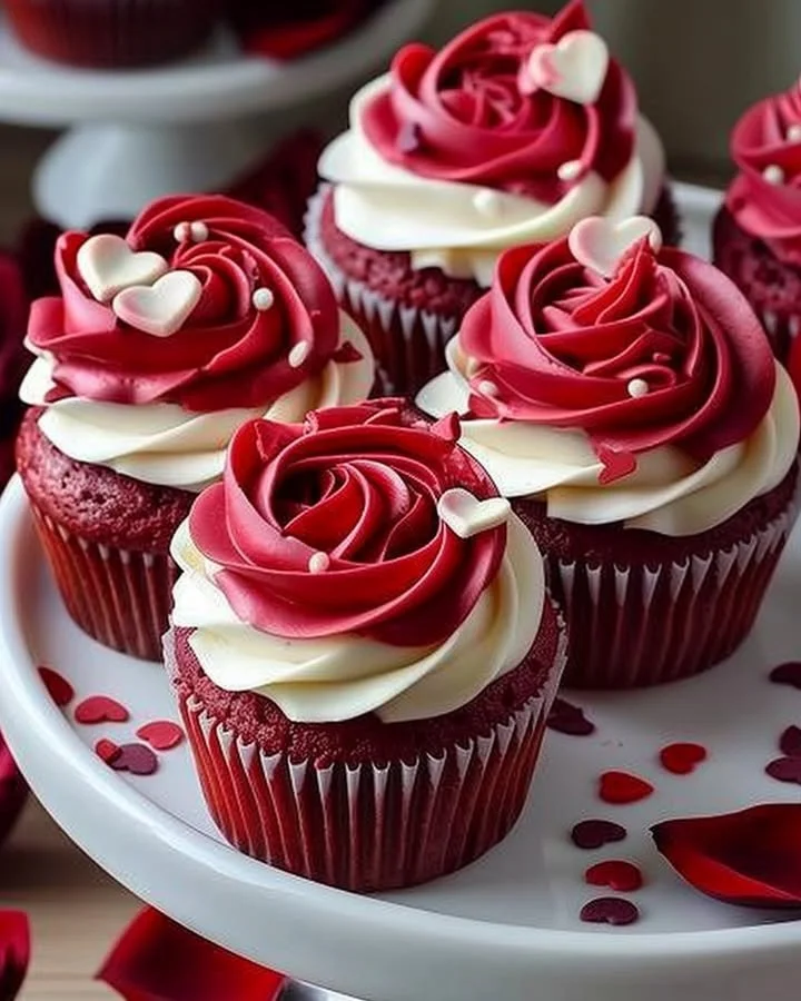 Delicious rose red velvet cupcakes with creamy frosting on a decorative plate